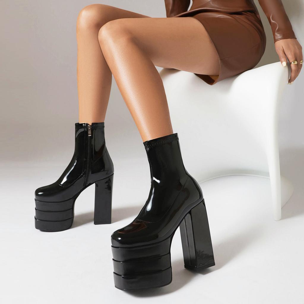 Mărimi Mari Bot Pătrat Platformă Ultra-Înaltă cu Trei Straturi Decupate Tocuri Groase Modă Populară Glezniere cu Fermoar Cizme de Damă