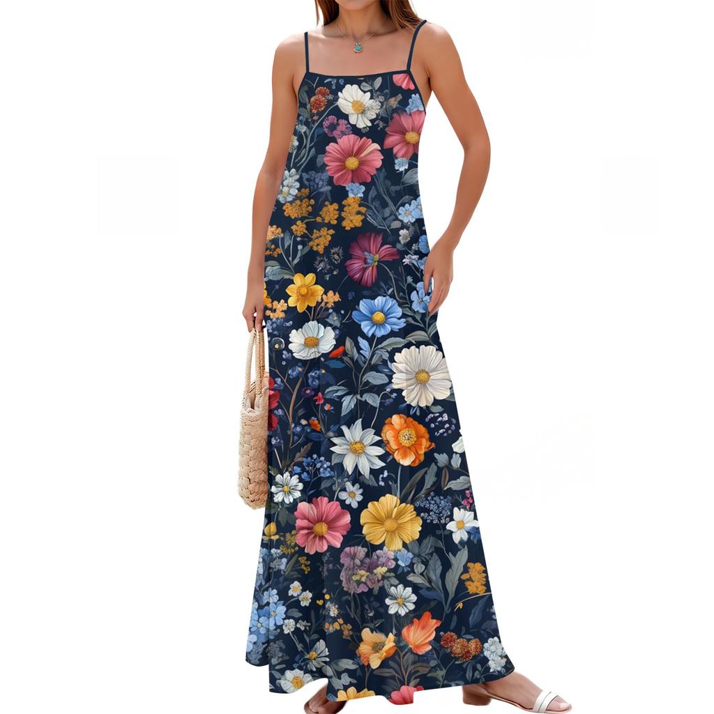 Women's Spring And Summer Casual Fashion Adjustable Suspenders Printed Long Dress