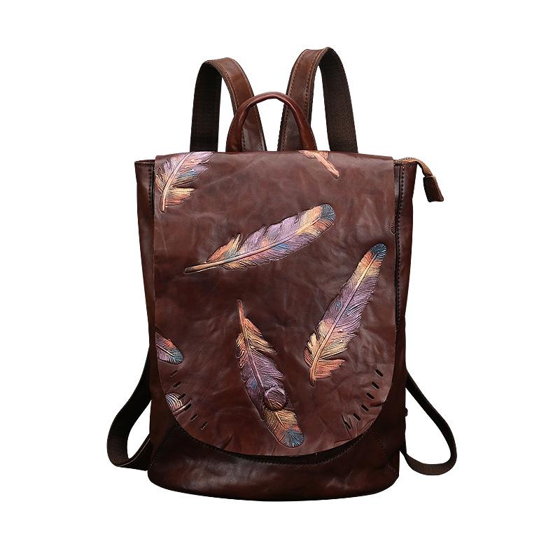 Artistic Embossed Genuine Leather Women's Backpack - Large Cowhide Travel Bag In National Style
