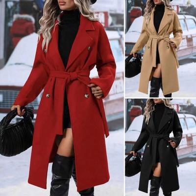 Women's Mid Length Wool Coat Double Breasted Trench Coat Long Sleeve Notched Lapel Overcoat with Belt Fall Winter Outerwear