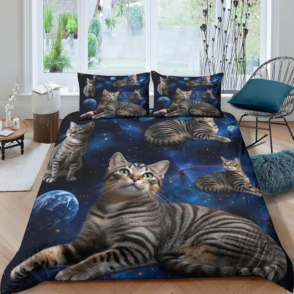 3D Microfiber Space Cats Quilt Cover All Season Bedding Set Pillowcase Cartoon Space Quilt Cover Machine Washable For Home Decor