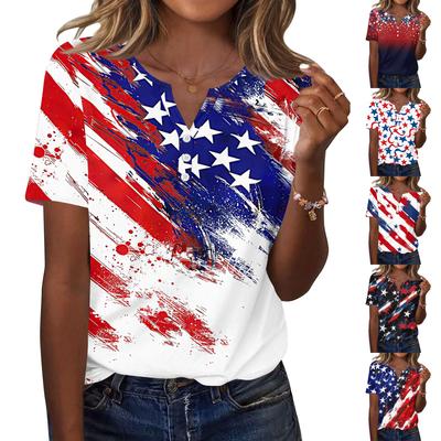 Damen-T-Shirt mit Aufdruck „Unabhängigkeitstag“ und Knopfleiste, kurzärmelig, für den Alltag und das Wochenende, modisch, Basic, V-Ausschnitt, normales Oberteil