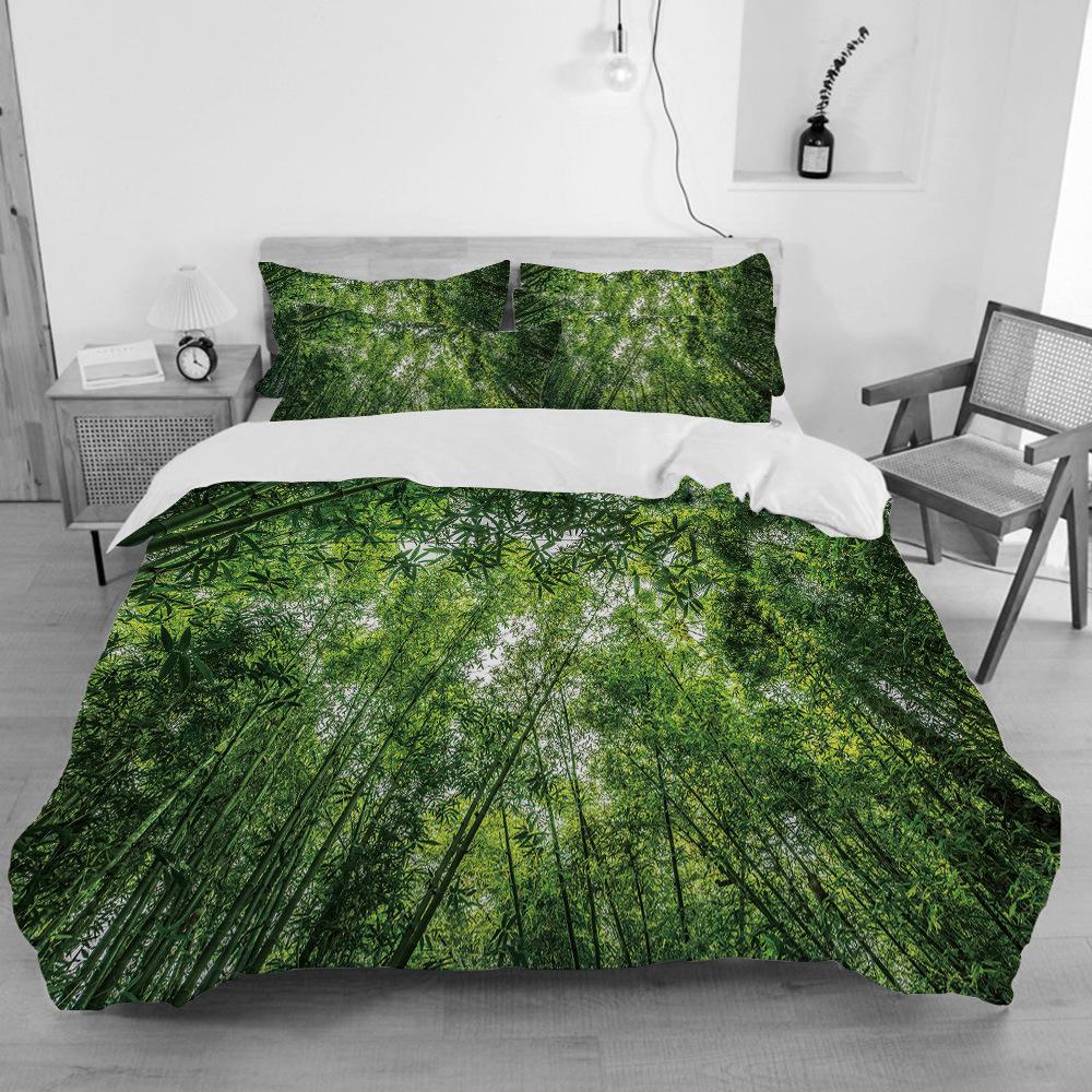 Bambus Dynetrekksett Grønn Natur Plante King Size Polyester Dynetrekk med Putetrekk for Barn Gutter Jenter Sengetøysett