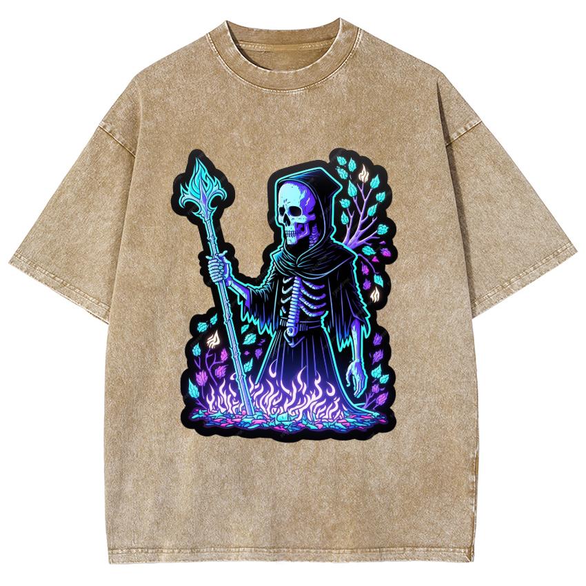 Purple Flame Skull Print Women's T-Shirt Washed Denim Fabric Super College Student Mid Sleeve Funny Retro Distressed Top