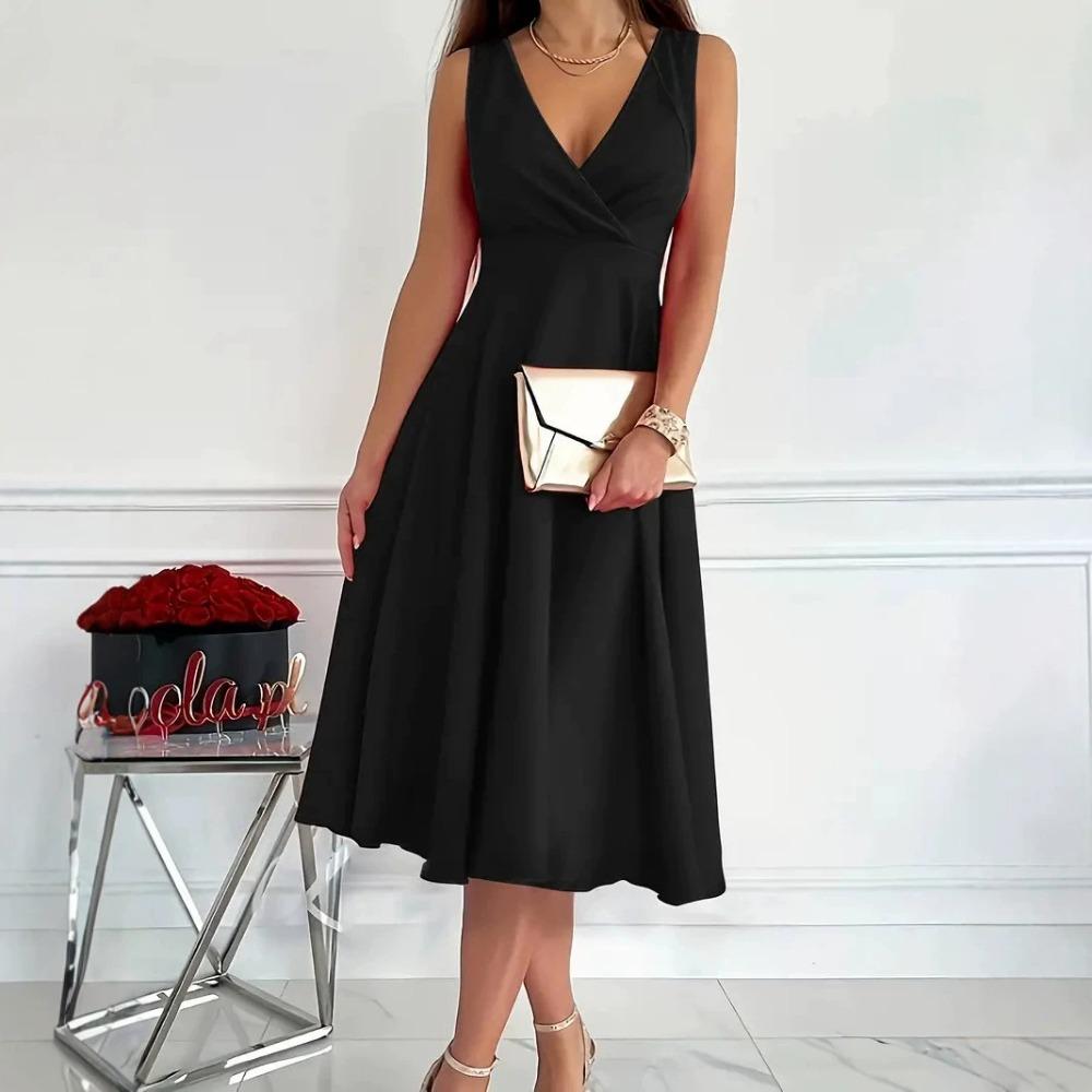 Women's Sleeveless V Neck Midi Dress High Waist A Line Solid Color Evening Party Swing Dress