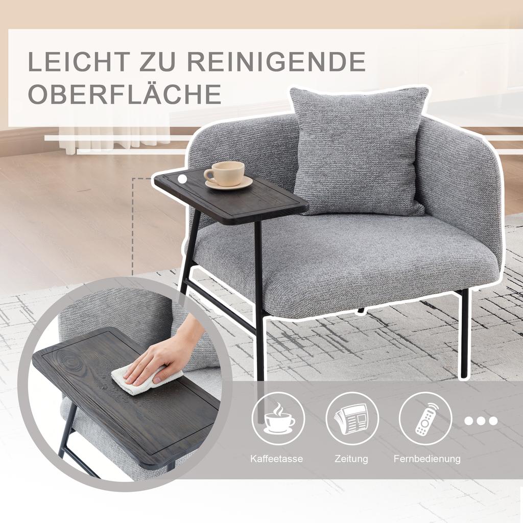 Modern single armchair with comfortable fabric backrest and two storage compartments, complemented by a practical side table.