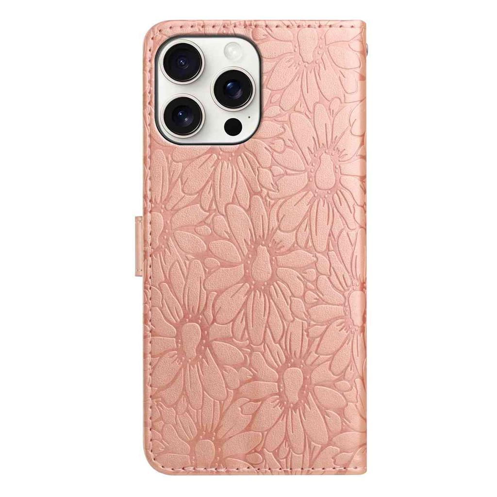 For iPhone 16 Pro Max Leather Case Daisy Imprint Wallet Stand Phone Protective Cover