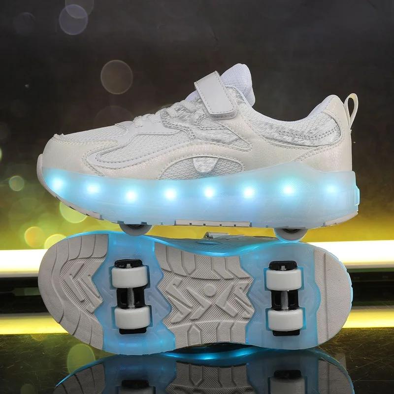 NEW Children's Roller Skating Shoes 4 Wheel LED Skating Shoes 2 in 1 Removable Pulley Skate Skating Parkour Sneaker with Wheels