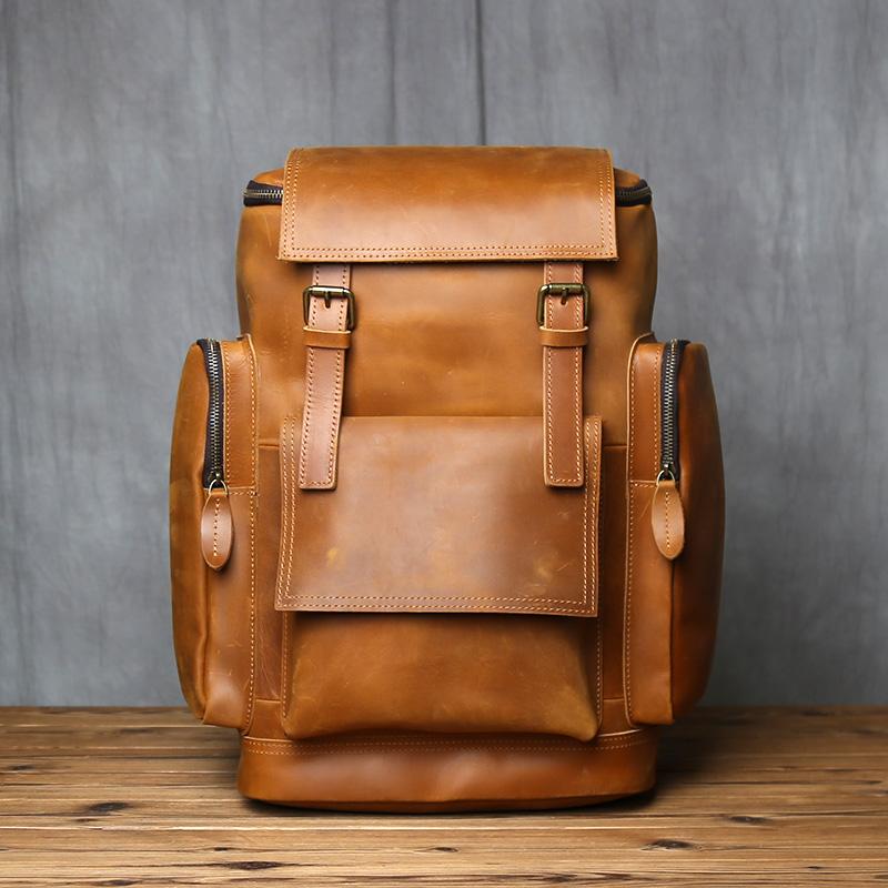 

NZPJ Men s Retro Large Capacity Leather Backpack Genuine First Layer Natural Cowhide Travel Laptop Bag