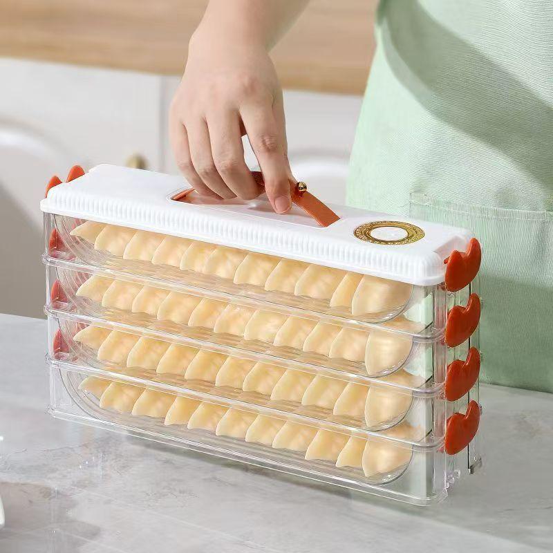 2/4 Layers Dumplings Storage Box Dumpling Organizer Stackable Desserts & Cookies with Buckle, Lid & Handle for Fridge