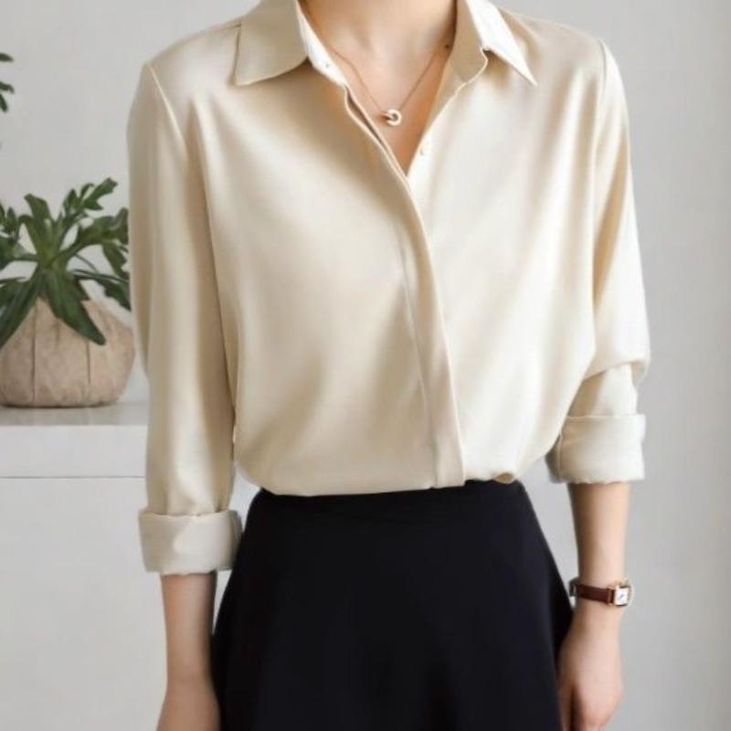 White Satin Shirt Loose Fit Spring Autumn Black Blouse Fashionable Design High Quality Comfortable Stylish Top