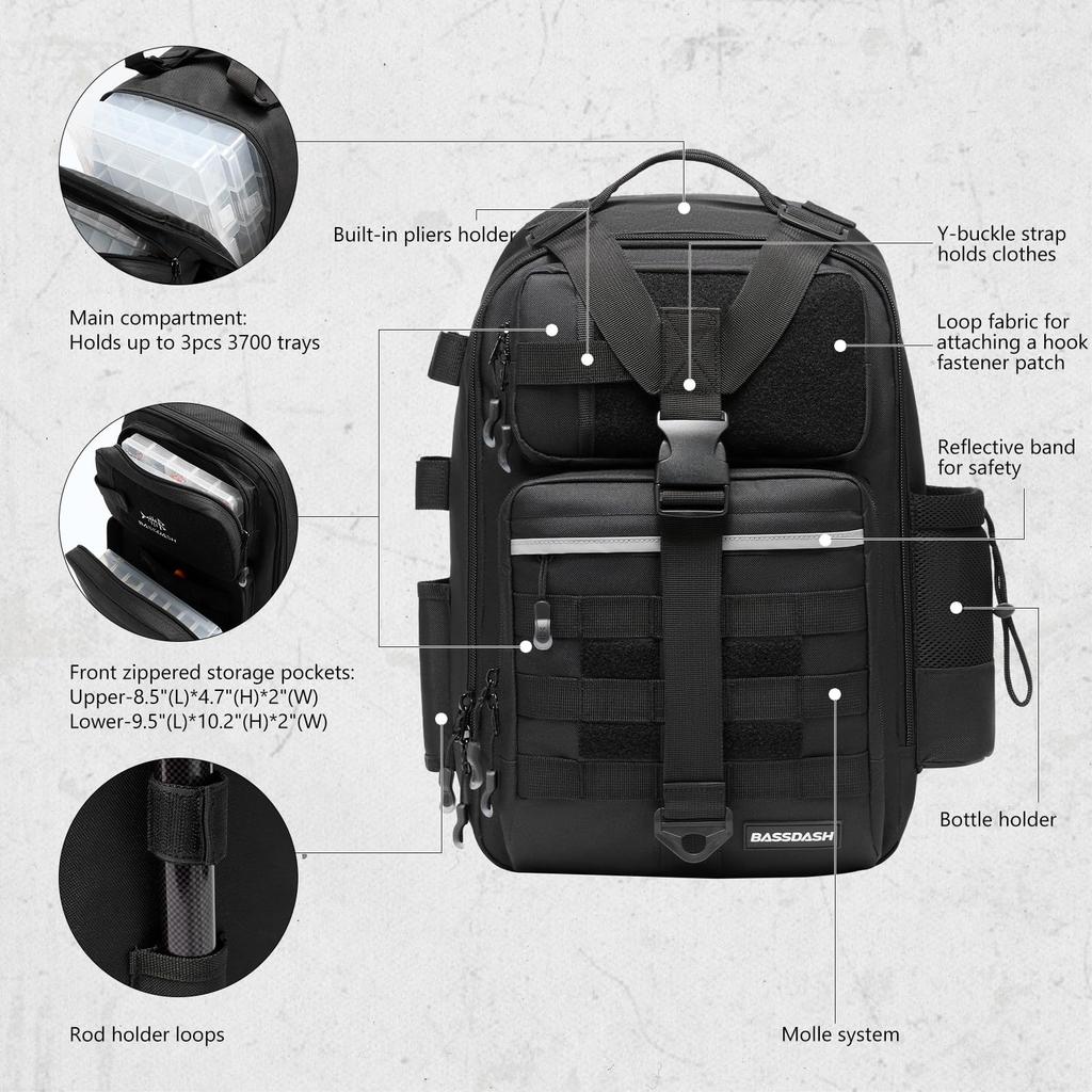 Bassdash Convertible Fishing Bag FP07 Tactical Backpack with Rod Breathable MOLLE Expansion [Bassdash] 4-Way Water-Resistant Holder, Back,
