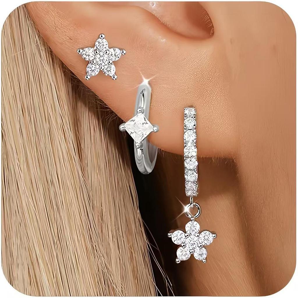 Star and Moon Tassel Earrings Set with Zircon Accents - European & American Style