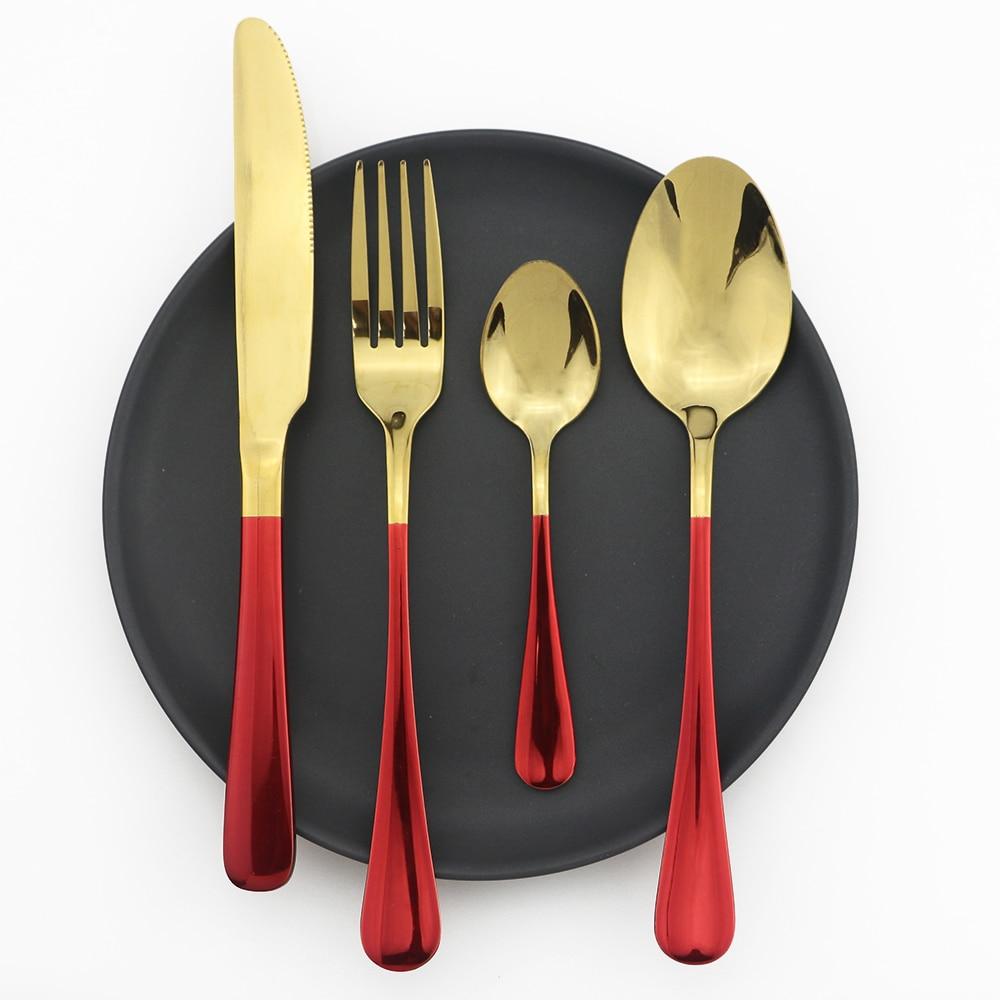 4Pcs/Set Red Gold 304 Stainless Steel Tableware Cutlery Set Knife Spoon Fork Utensils Dinnerware Set Mirror Polished Flatware Silverware Set