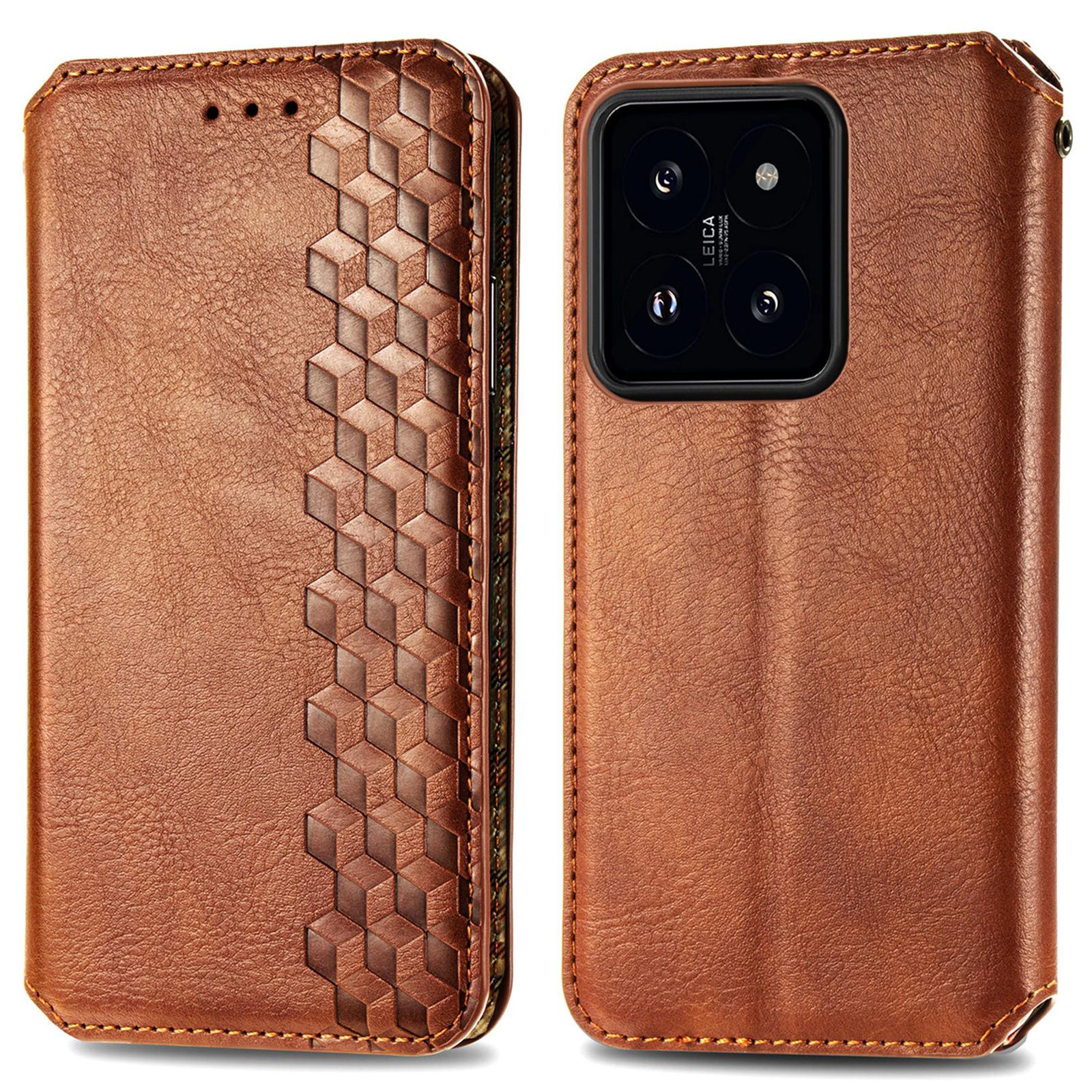

For Xiaomi 14T Pro PU Leather Case Rhombus Imprint Wallet Stand Phone Cover Brown