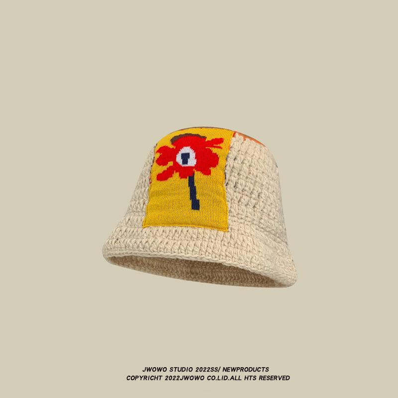 

HyunA Style Retro Floral Knit Woolen Bucket Hat for Women - Autumn/Winter Vintage Fisherman Hat One Size