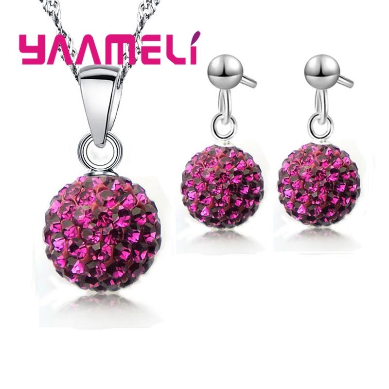 925 Sterling copper Stamped Bridal Zircon Sets Women Girls Wedding Gifts Austrian Crystal CZ Disco Ball Necklace Hoop Earrings