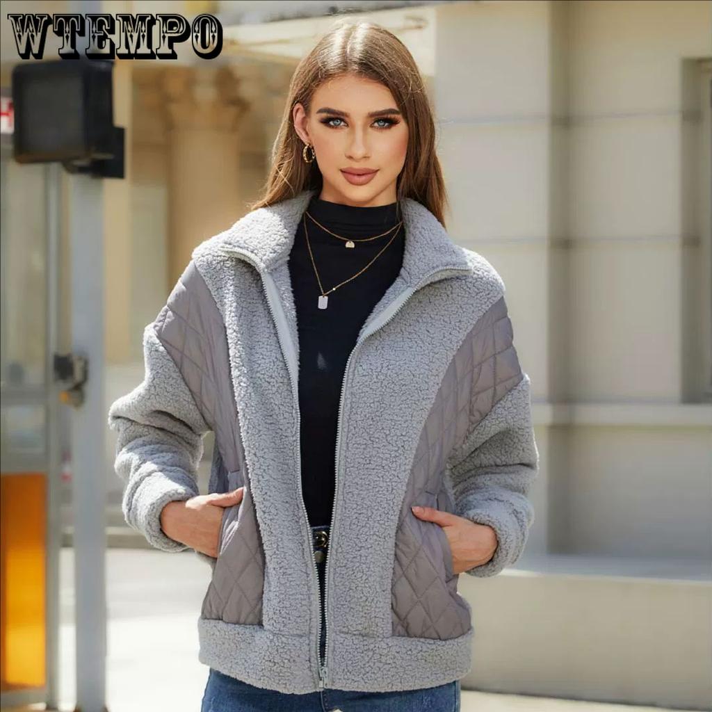 Women's Fall and Winter Long-sleeved Cardigan Zipper Plush Splicing Ladies Short Jacket