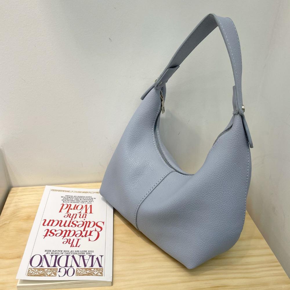 Large Capacity PU Hobo Bag Solid Color French Style Handbag Portable Shoulder Bag Travel синий