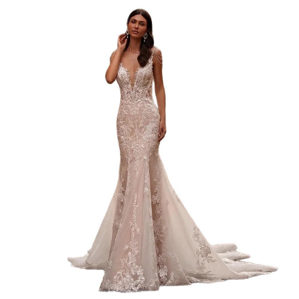 Premium Light Luxury European and American Hollow Lace Sexy Thin Suspender Evening Dress Mermaid Trailing Light Wedding Dress New