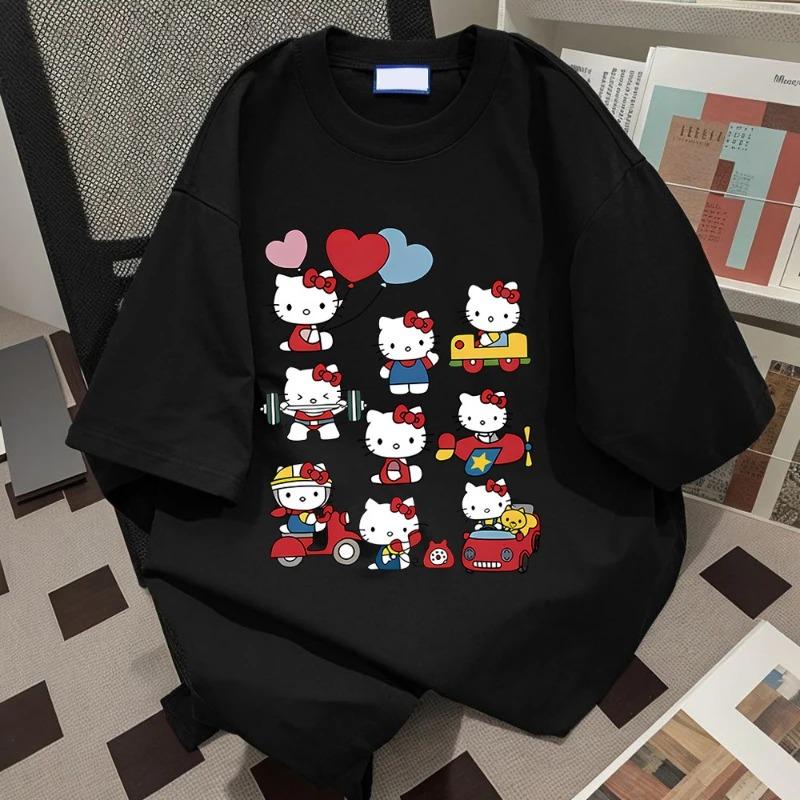 Hello Kitty Kawaii Cotton T-shirt Sanrioed Anime Fashion Women's Top Summer Casual Street Personalized Sweet Girl Top T-shirt