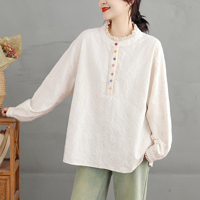 Spring Retro Artistic Loose-Fit Shirt - Embroidered Ruffle Collar, Colorful Buttons, Long Sleeves for Women M
