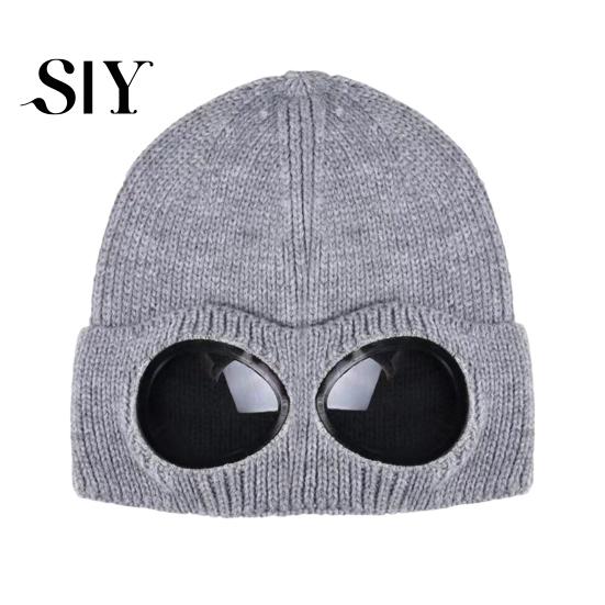 Outdoor Winter Hat Knitting Solid Color Warm Knitted with Glasses Decor Elastic Windproof Travel Cycling Daily Wear