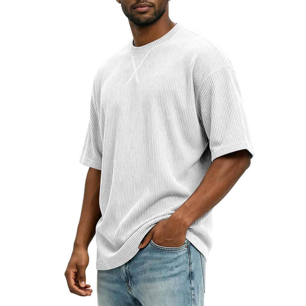 T-shirt da uomo in velluto a coste, vestibilità larga, girocollo, manica corta, top casual
