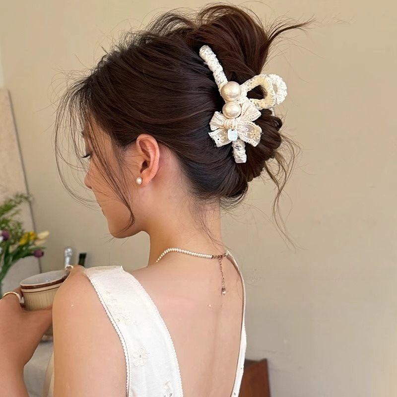 1pc Elegant Temperament Lace Pearl Large Grab Clip, New Style Hair Clip, High-end Shark Clip At the Back of the Head