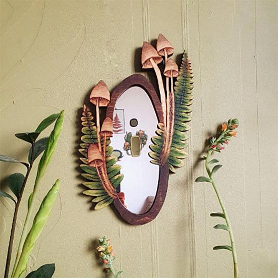 Specchio dal design unico, facile da appendere, vintage, accuratamente lucidato, a forma di fungo, regalo perfetto, attraente specchio in legno a forma di fungo per soggiorno