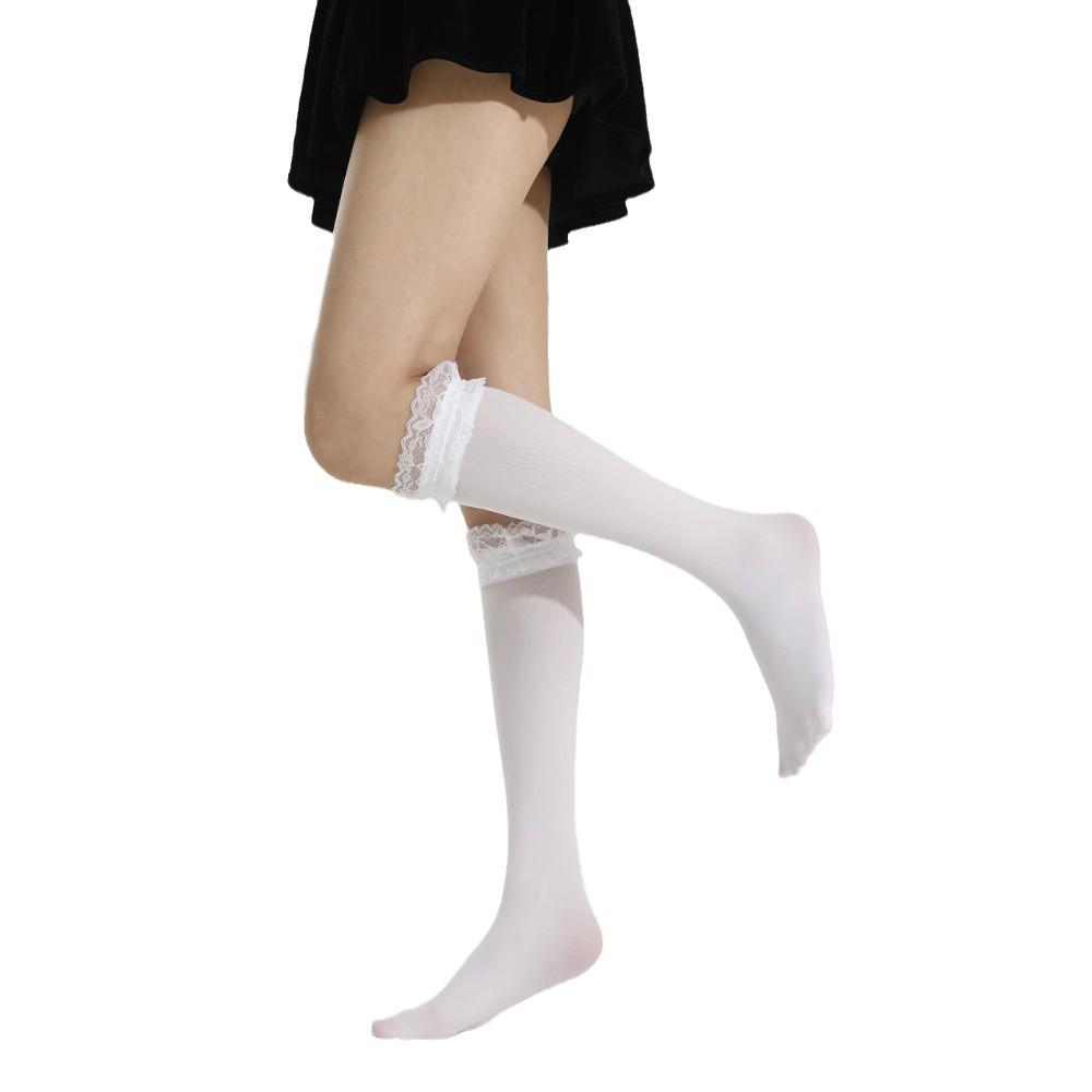 Japanese Lace Trim Knee-High Velvet Socks - Black, Transparent, Spring/Autumn Style