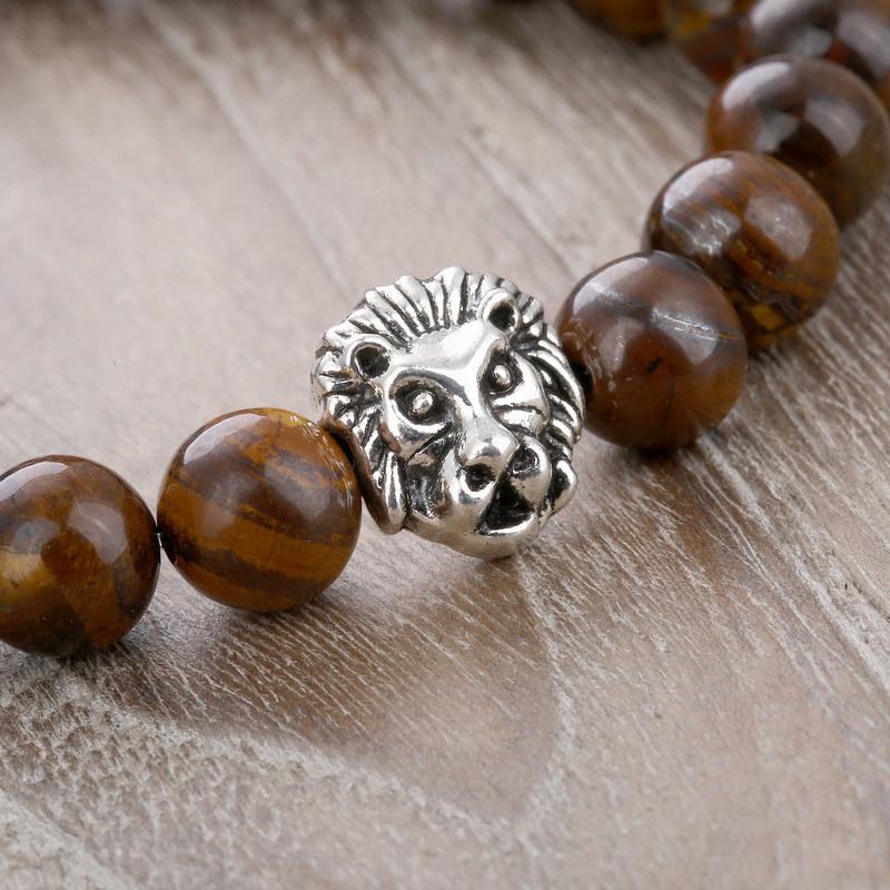 Lion Head Beaded Bracelet with 8MM Tiger Eye Stone and Alloy Accents