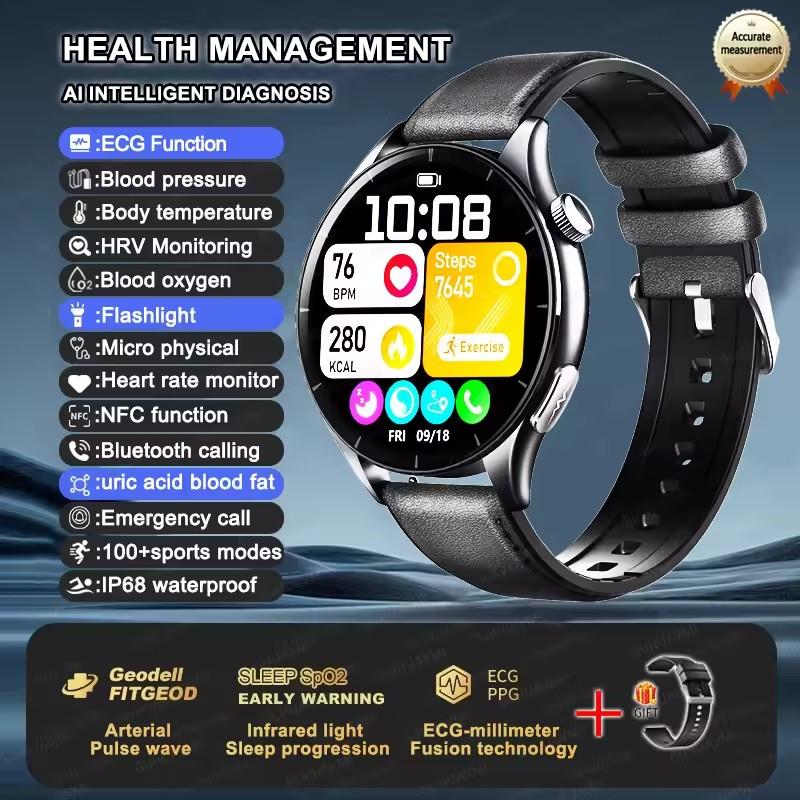 2026 New Men Uric Acid Blood Lipid Monitor Smart Watch ECG Blood Pressure Blood Oxygen Heart Rate Temp BT Call Health Smartwatch Sports Fitness Watch
