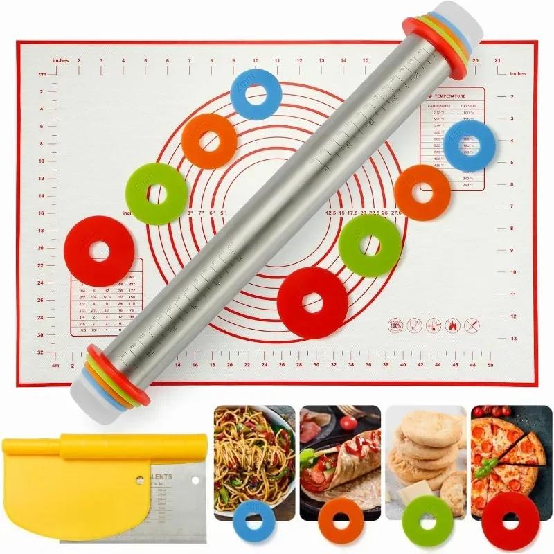 Rolling Pin and Silicone Baking Pastry Mat,Stainless Steel Dough Roller,Rolling Pins with Adjustable Thickness Rings, for Baking