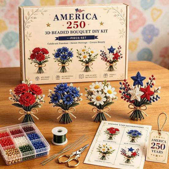America 250 Beaded Bouquet DIY Kit, 4th of July Patriotic Flower Craft Handmade Set, 1776-2026 Independence Day 3D Beaded Flower Making