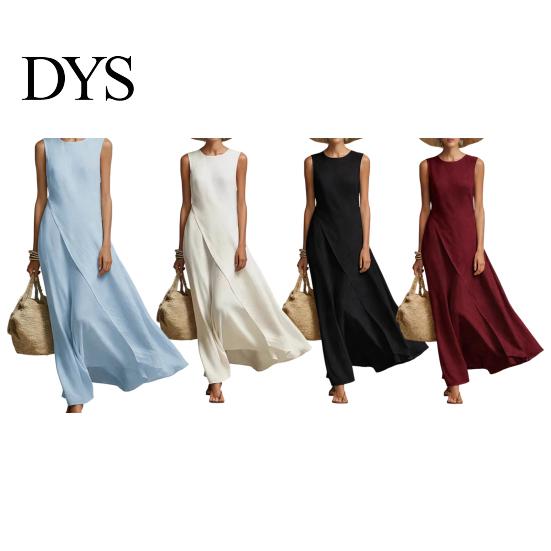 Simple Dress Women's Sleeveless Cotton Linen Dress, Casual Irregular Hem Crew Women Neck Long Summer Loose Beach Vacation Sundress Fit