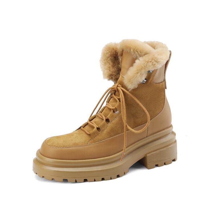 2024 New Popular Cross-Tied Women Ankle Boots Winter Warm Wool Snow Boots Genuine Leather Thick Heels Casual Outdoor Shoes Woman