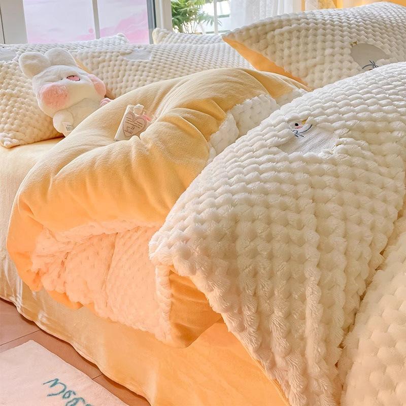 Bean Fleece Bed Four-Piece Set Thickened Milk Coral Fleece Bedding Children'S Flannel Quilt Cover Sheets