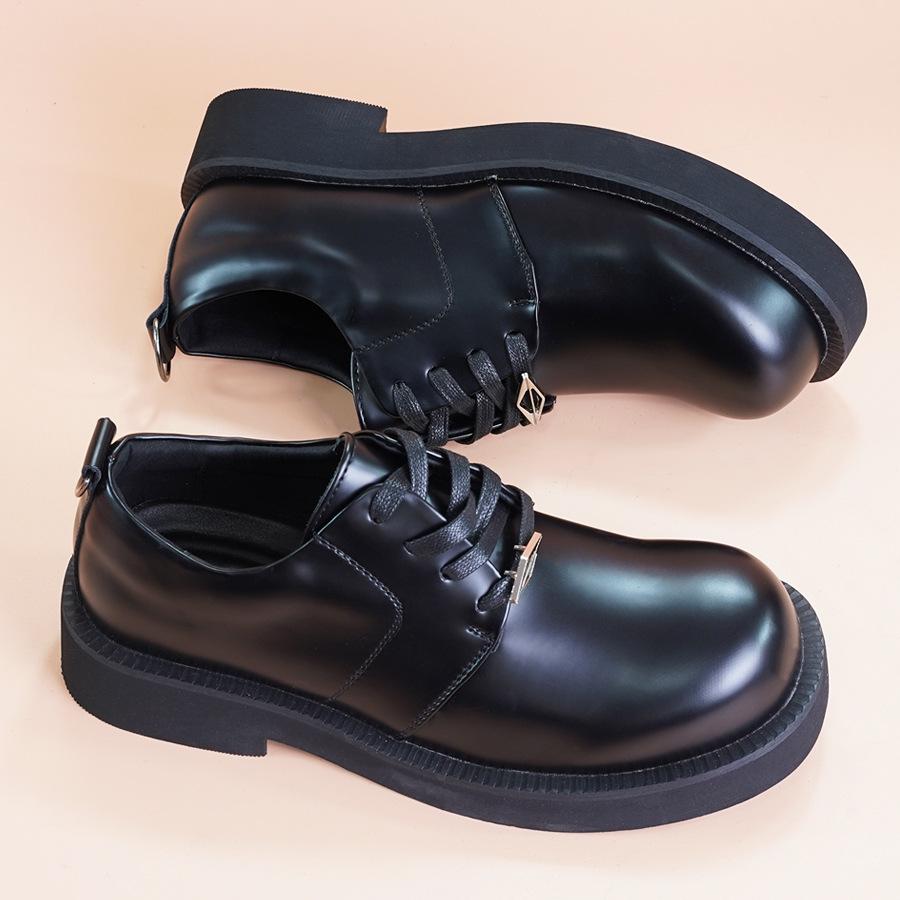Pantofi derby de nișă din piele cu cap mare pentru bărbați, stil britanic, negri, cu vârf rotund, cu platformă, pantofi mici din piele, înălțători, versatili, pentru navetă, pantofi la modă