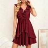 Sleeveless V Neck Dress for Women Ruffle Trim Casual Summer Dress with Waist Tie and Flared Skirt Lightweight Fabric