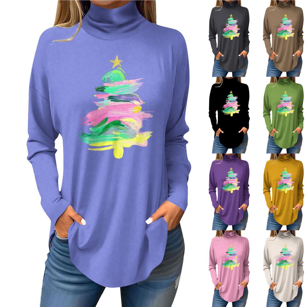 Women's Fashionable Loose-Fit High-Neck T-Shirt With Christmas Print Long-Sleeved Top