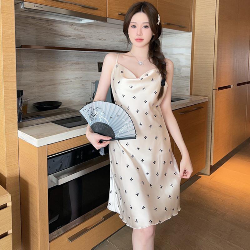 Swinging collar sexy pajamas women's ice silk printing pure desire wind suspender pajamas spring new loungewear available