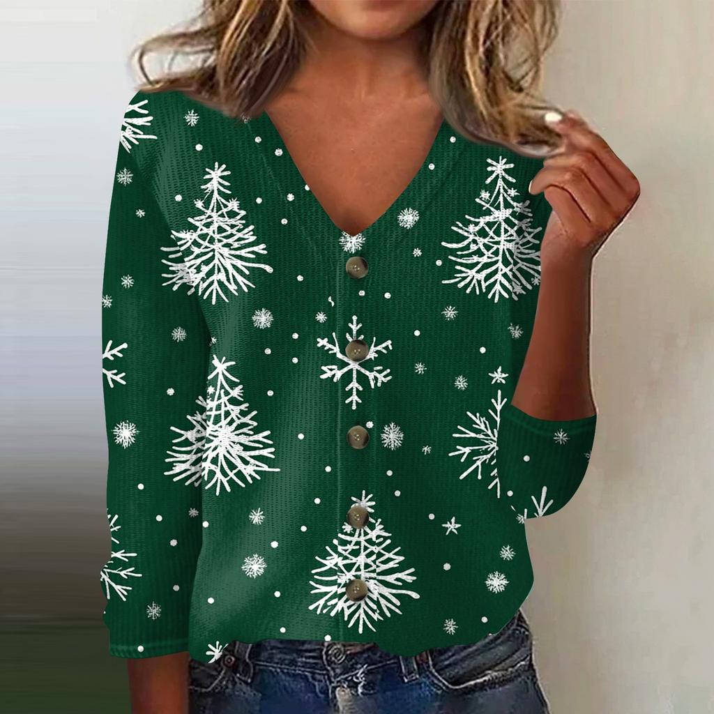 Women's Fashion Print Long Sleeve Knitted Cardigan Button Up Jacket