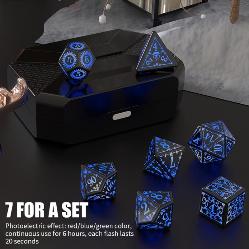 7 Pcs LED Light Electronic Dices with Charging Box Rechargable Glowing Polyhedral Dices Table Game Dices Durable