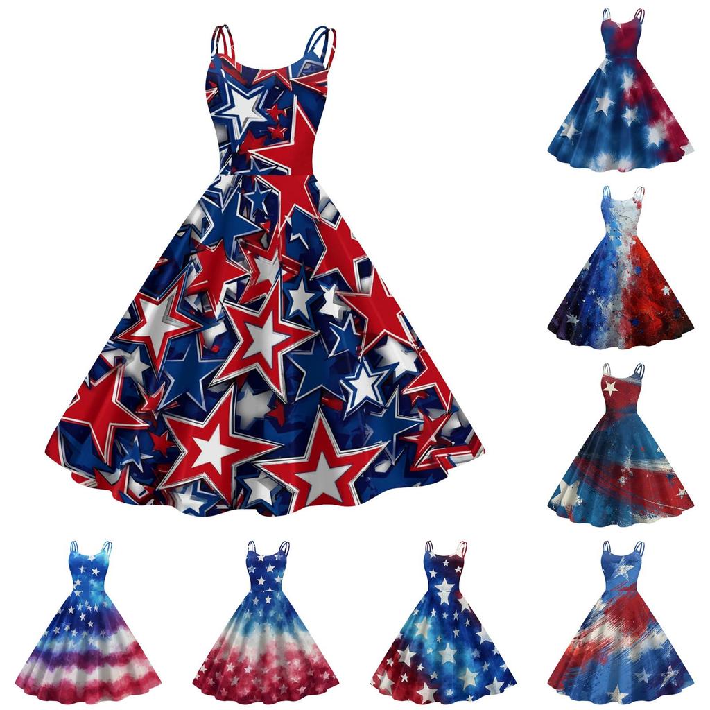 Sleeveless Spaghetti Strap A-Line Dress with Abstract Star Pattern Printed Design for Women Casual Wear