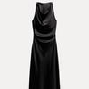 European and American Women's Satin Mid-length Dress with Ruched Waist and Cowl Neck.