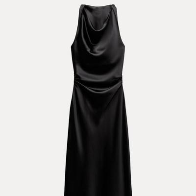 European and American Women's Satin Mid-length Dress with Ruched Waist and Cowl Neck.