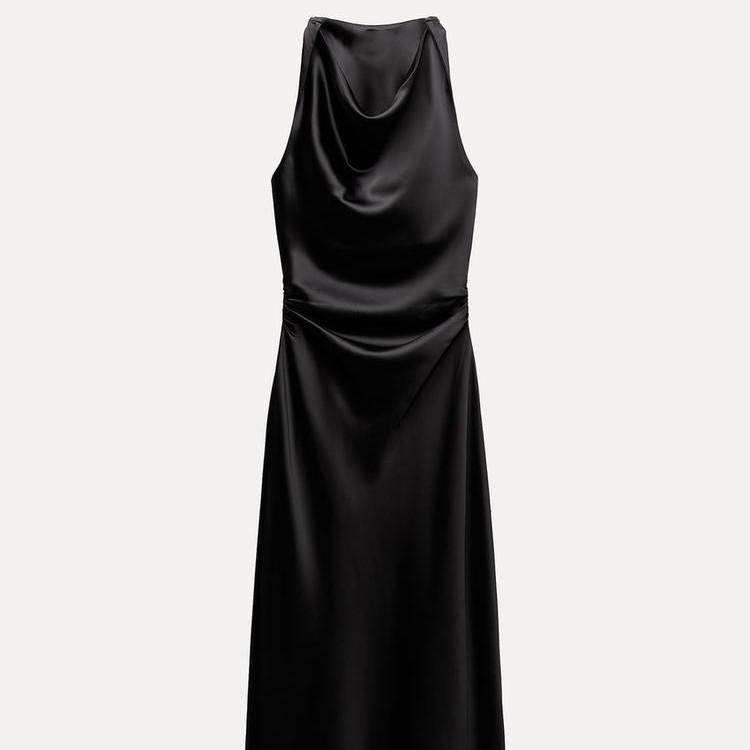 European and American Women's Satin Mid-length Dress with Ruched Waist and Cowl Neck.