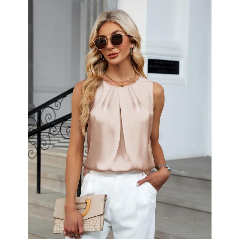 2026 Neue Falten-Rundhals-Bluse Damen Satin Ärmelloses Oberteil Damen Frühling/Sommer Elegant Locker Einfaches Bürohemd Süß Einfarbig Damenbekleidung