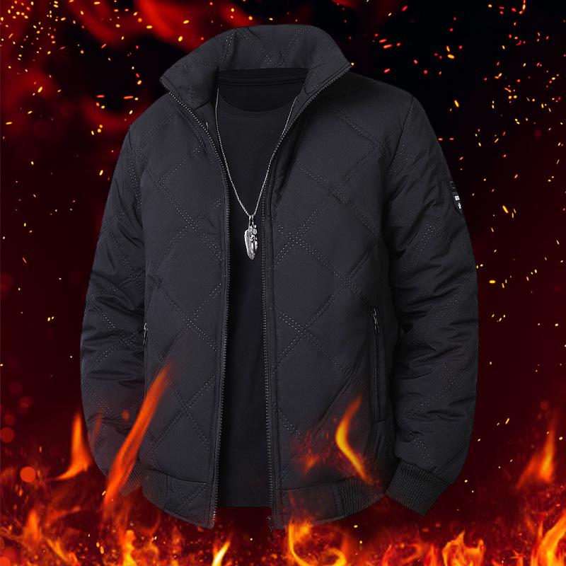 Men's 2025 Cross-border Diamond Plaid Stand Collar Jacket - Autumn/Winter Warm, Velvet-Lined Cotton Coat